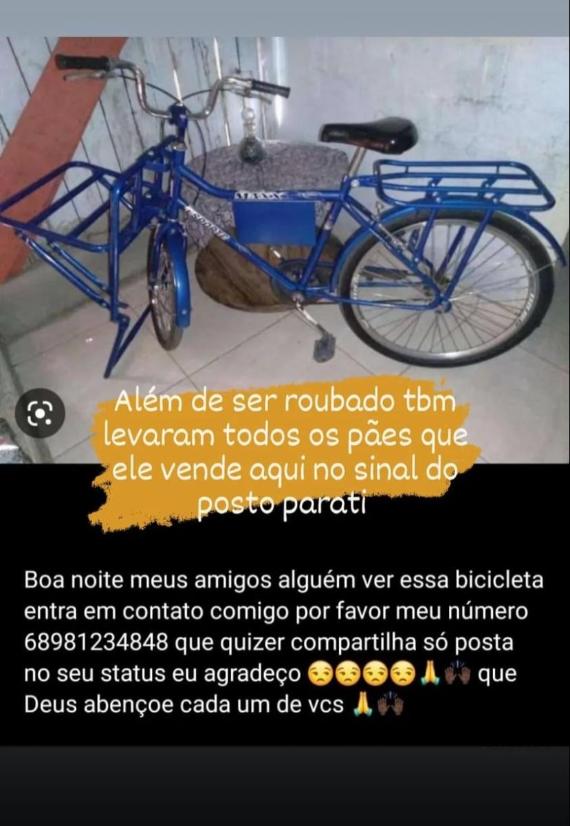 Bandidos levam todo estoque de pães em assalto e trabalhador faz apelo para recuperar bicicleta