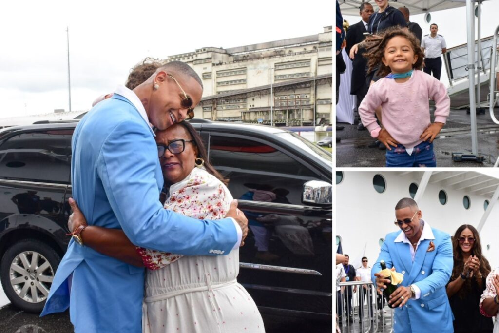 mae-de-leo-santana-chora-e-liz,-filha-do-cantor,-esbanja-fofura-na-chegada-ao-navio-do-gigante