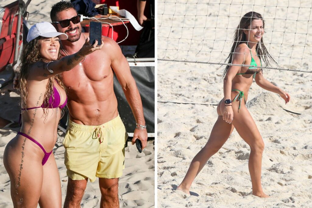 caua-reymond-posa-com-fa-enquanto-jade-picon-joga-futevolei-na-areia