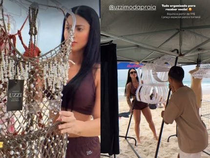 namorada-de-belo,-rayane-figliuzzi-vende-biquinis-em-estande-na-praia-do-rio