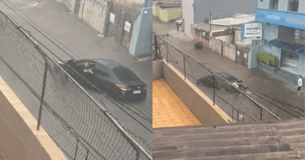 video:-mulher-se-arrisca-em-enchente-para-nao-perder-carro-em-santo-andre