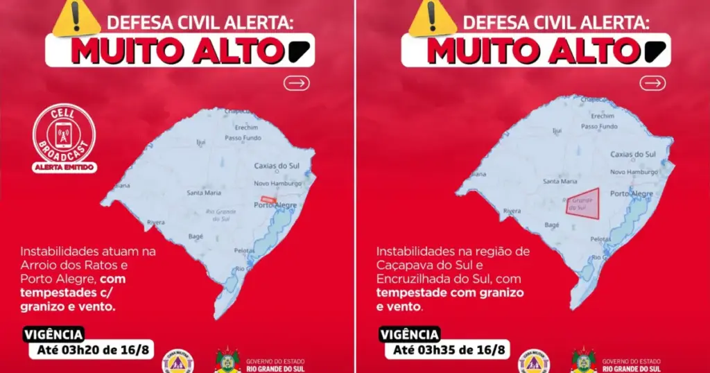 Defesa Civil envia dois alertas vermelhos para chuvas em quatro horas no RS