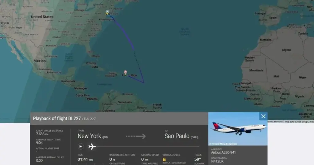 Voo da Delta de Nova York para São Paulo tem rota desvia para Porto Rico
