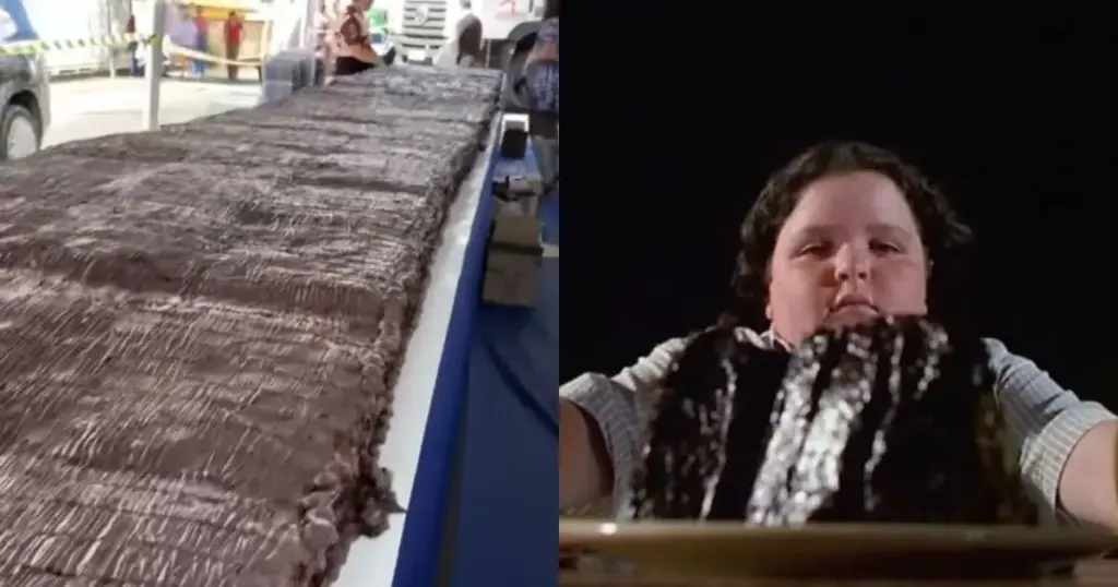 Confeiteira faz bolo de duas toneladas acompanhado de 600 litros de calda de chocolate inspirado no filme “Matilda”