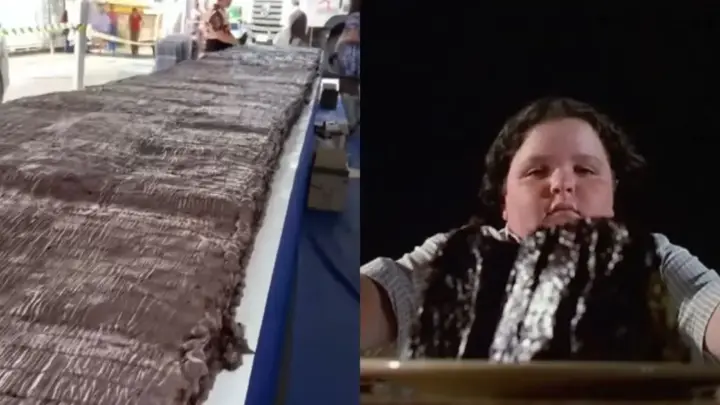 Confeiteira faz bolo de duas toneladas acompanhado de 600 litros de calda de chocolate inspirado no filme “Matilda”