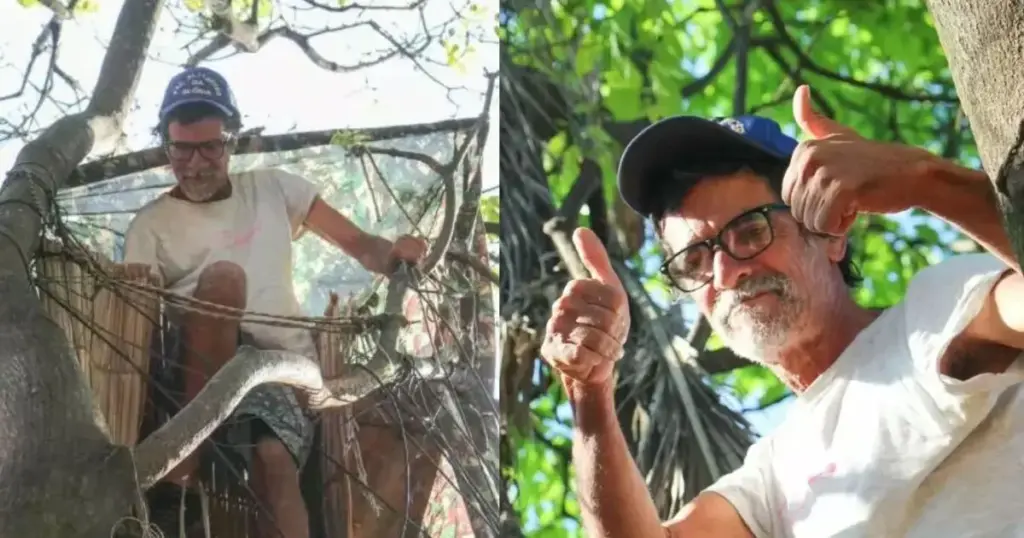 Aos 53 anos, homem vive em árvores há mais de uma década construindo abrigos com paletes e cobertores