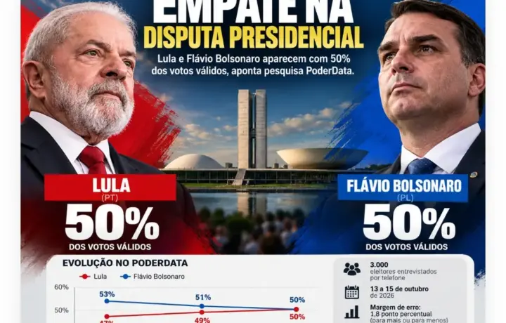PoderData: Lula chega a 50%, Flávio Bolsonaro despenca 3 pontos  e disputa presidencial registra empate absoluto