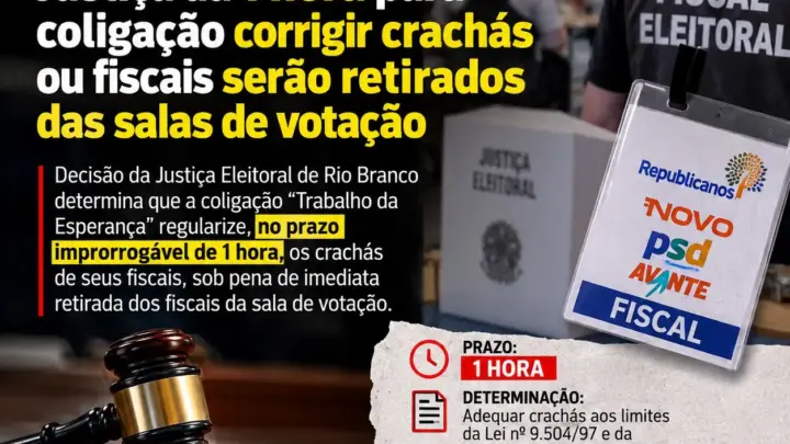 Acre: TRE dá 1 hora para coligação corrigir crachás ou fiscais serão retirados das salas e presos