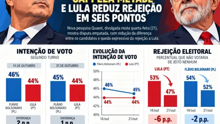 Quaest: vantagem de Flávio Bolsonaro cai pela metade, enquanto Lula registra redução de seis pontos na rejeição eleitoral