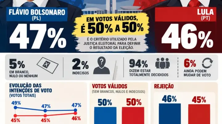 DATAFOLHA: Flávio perde vantagem e tem maior rejeição e disputa com Lula chega a empate de 50% a 50% na reta final