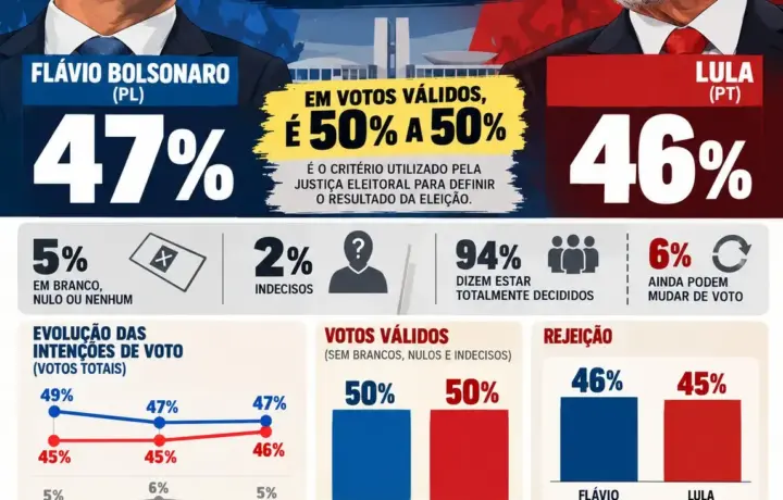DATAFOLHA: Flávio perde vantagem e tem maior rejeição e disputa com Lula chega a empate de 50% a 50% na reta final