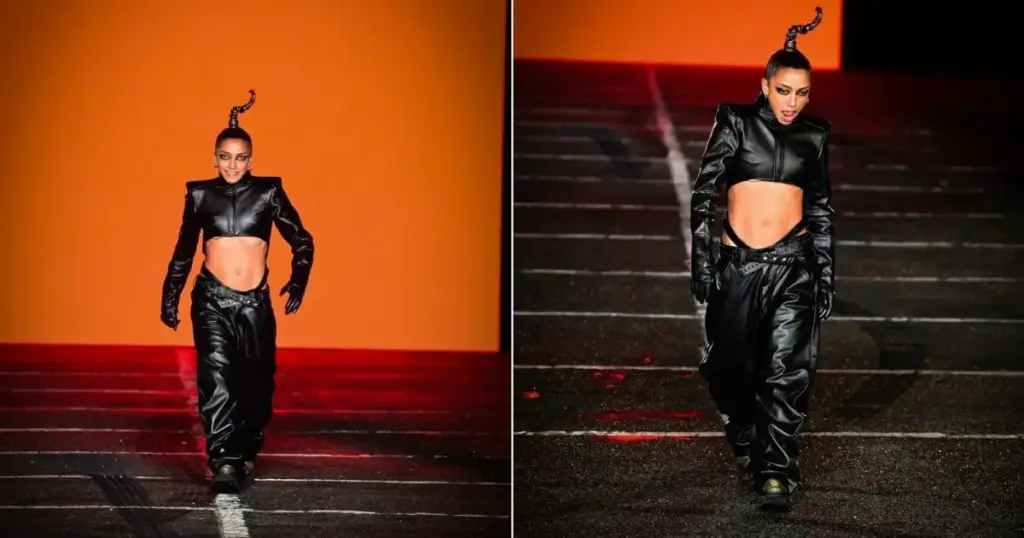 Alice Carvalho desfila pela 1ª vez no SPFW com look de couro ousado