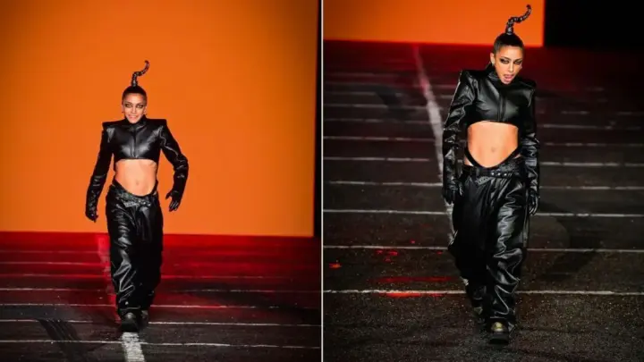 Alice Carvalho desfila pela 1ª vez no SPFW com look de couro ousado