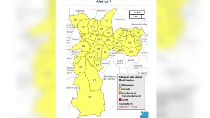 Capital paulista entra em estado de atenção para alagamentos neste domingo