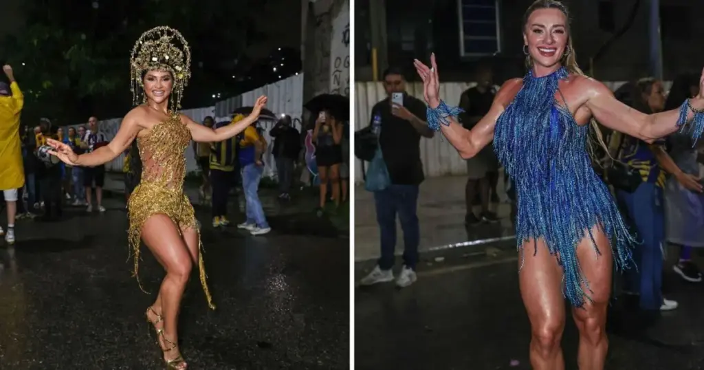 Mileide Mihaile e Juju Salimeni enfrentam chuva em ensaio da Tijuca