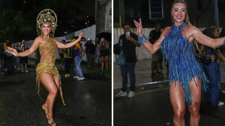 Mileide Mihaile e Juju Salimeni enfrentam chuva em ensaio da Tijuca
